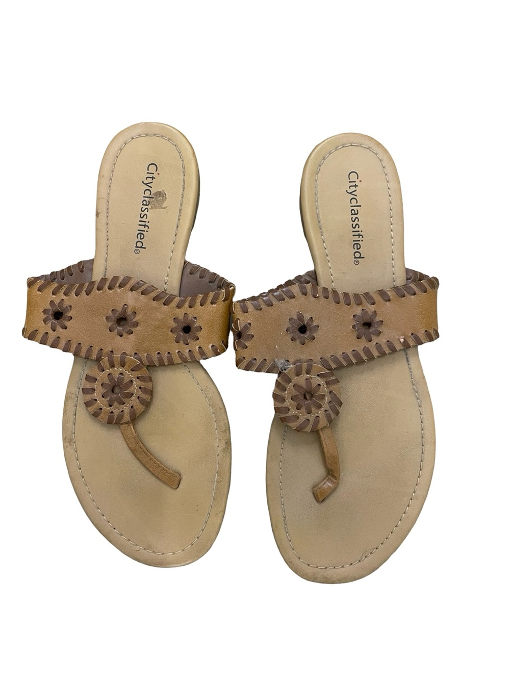 Cityclassified Tan Brown Leather Floral Toe-Post Sandals
